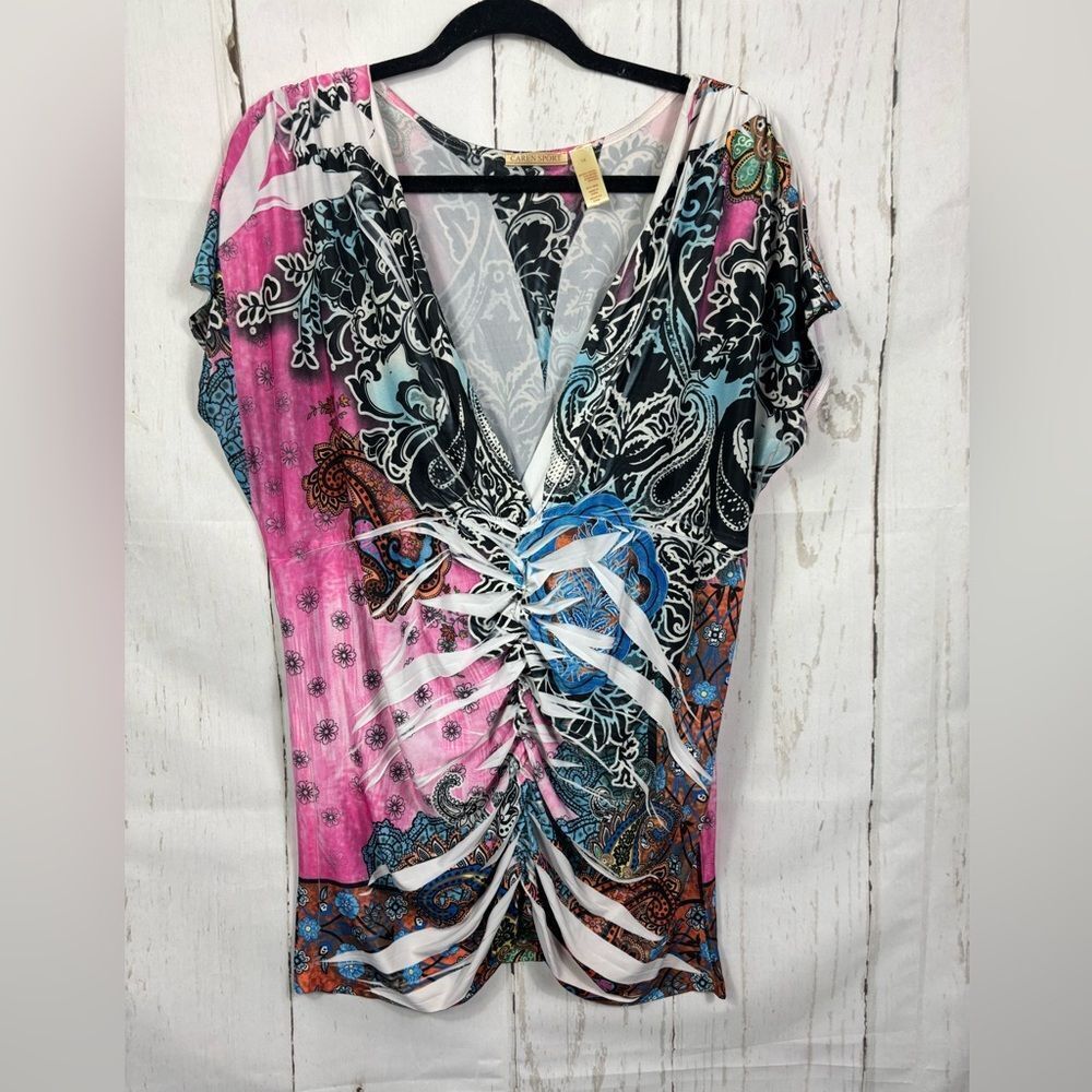 Caren Sport Multicolored Ruched Tunic Top V-neck Split Sleeves
